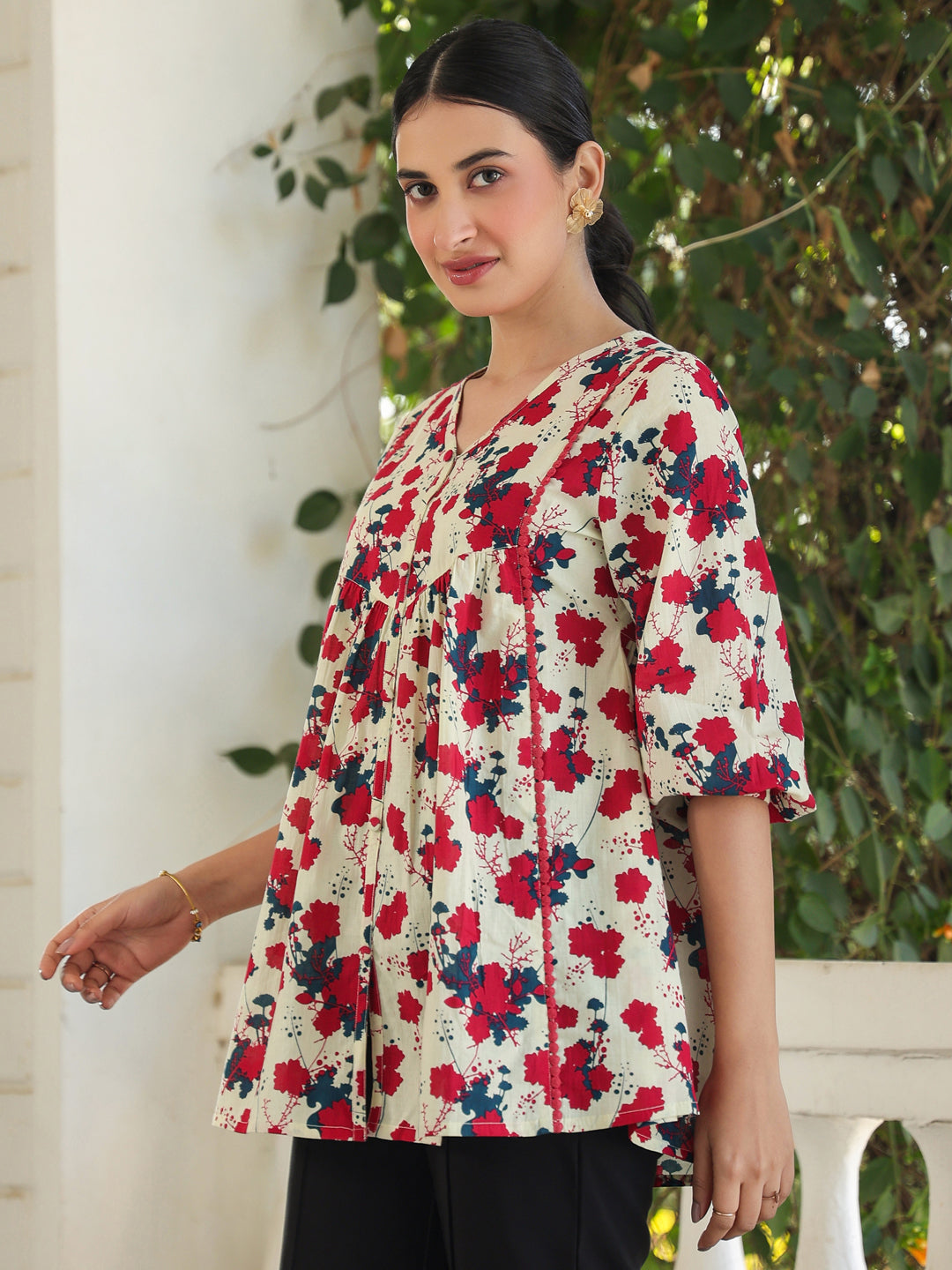 Janasya Light Cotton Floral A-Line Top