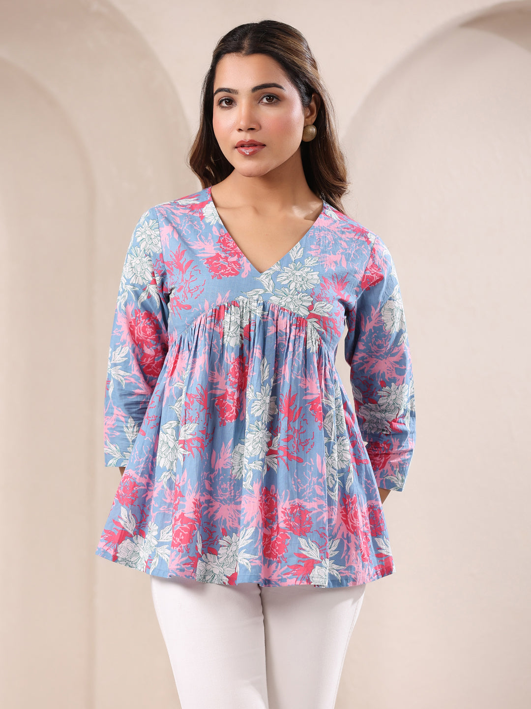 Janasya Light Cotton Floral A-Line Top