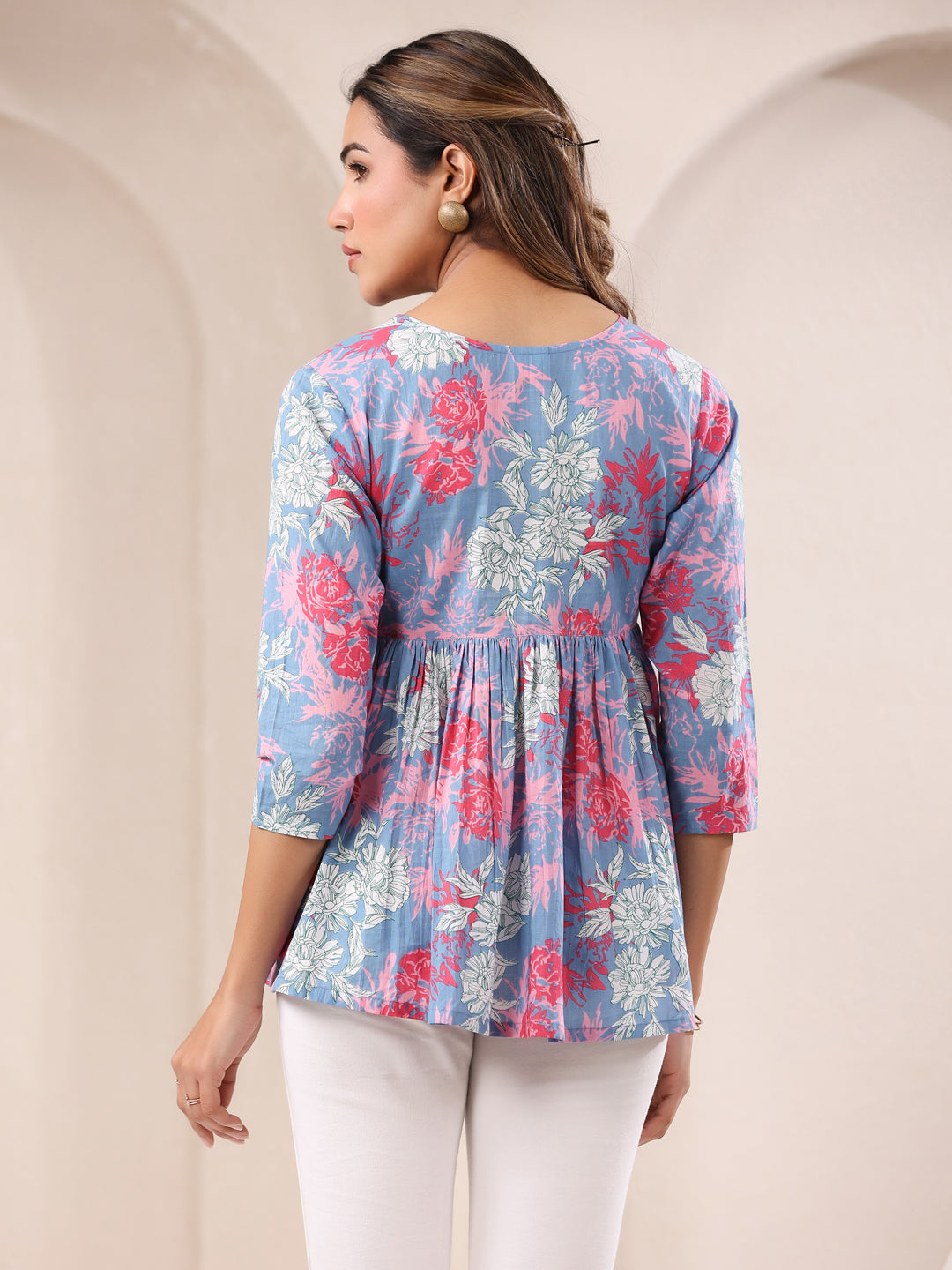 Janasya Light Cotton Floral A-Line Top