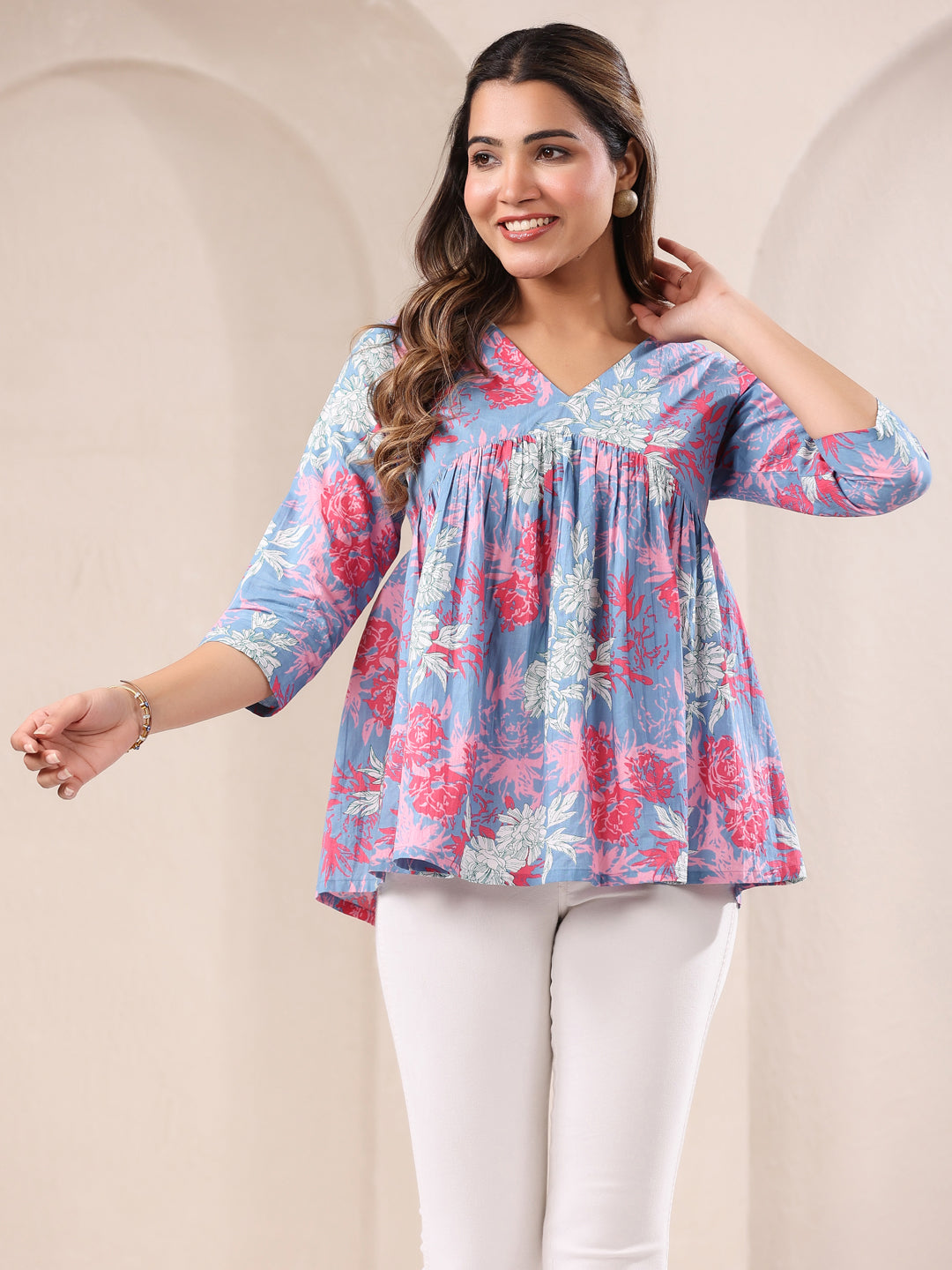 Janasya Light Cotton Floral A-Line Top
