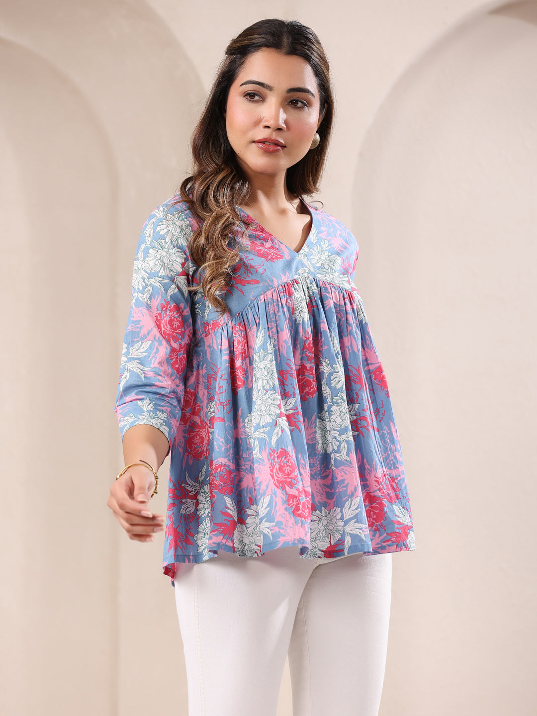Janasya Light Cotton Floral A-Line Top