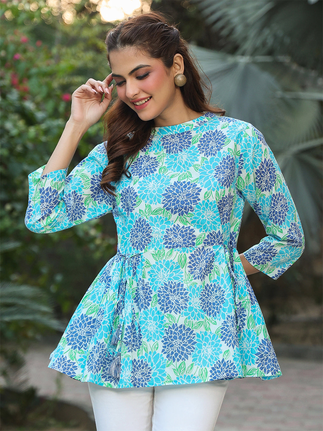 Janasya Light Cotton Floral Fit & Flare Top