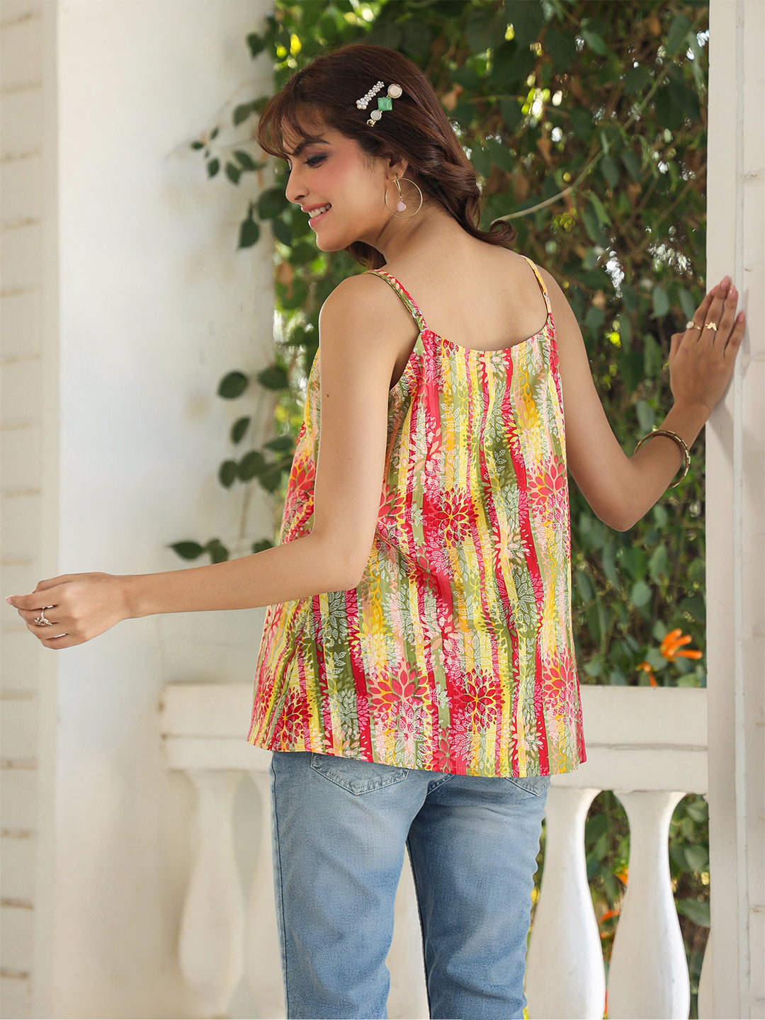 Janasya Bright Cotton Floral A-Line Top