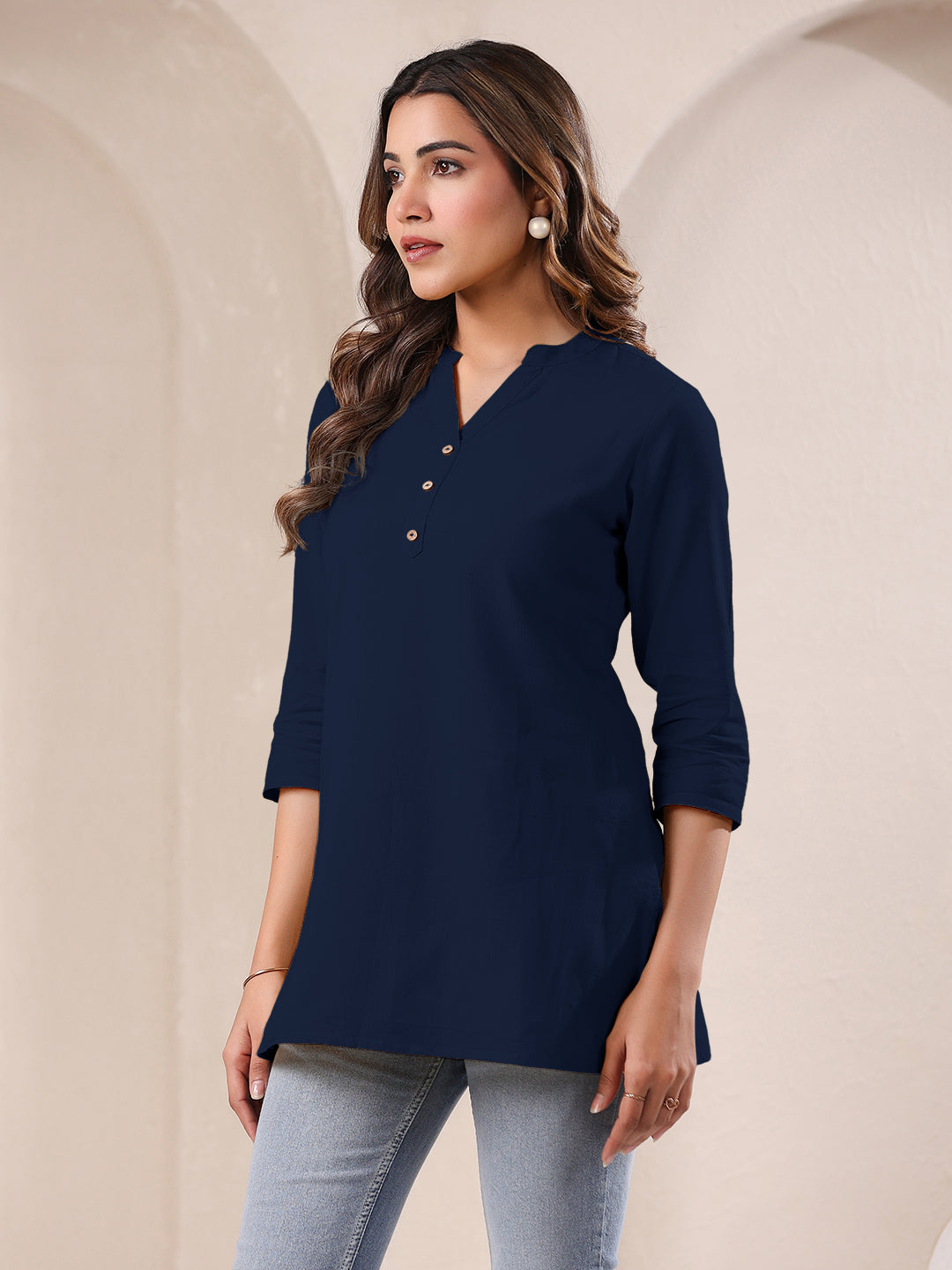 Janasya Dark Cotton Solid A-Line Top
