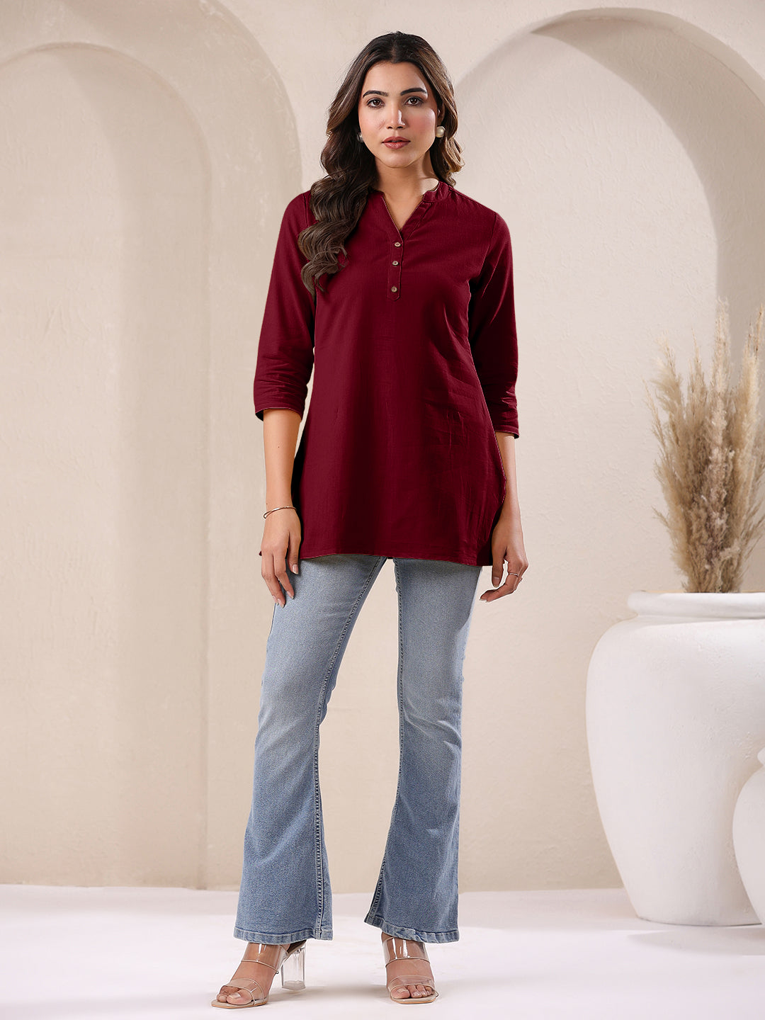 Janasya Dark Cotton Solid Straight TOP