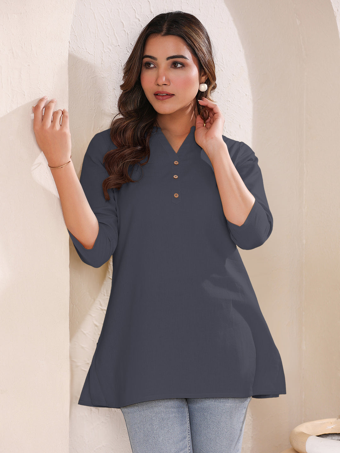 Janasya Light Cotton Solid A-Line Top