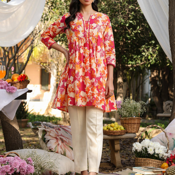 Janasya Bright Cotton Floral A-Line Tunic
