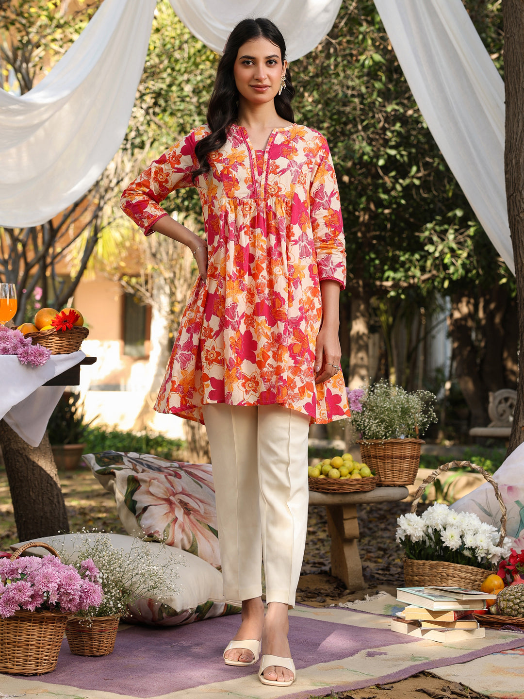 Janasya Bright Cotton Floral A-Line Tunic - Distacart