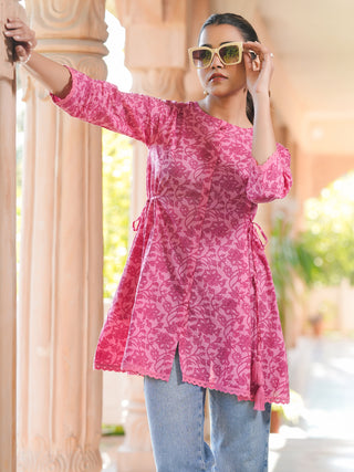 Janasya Dark Cotton Floral A-Line Tunic