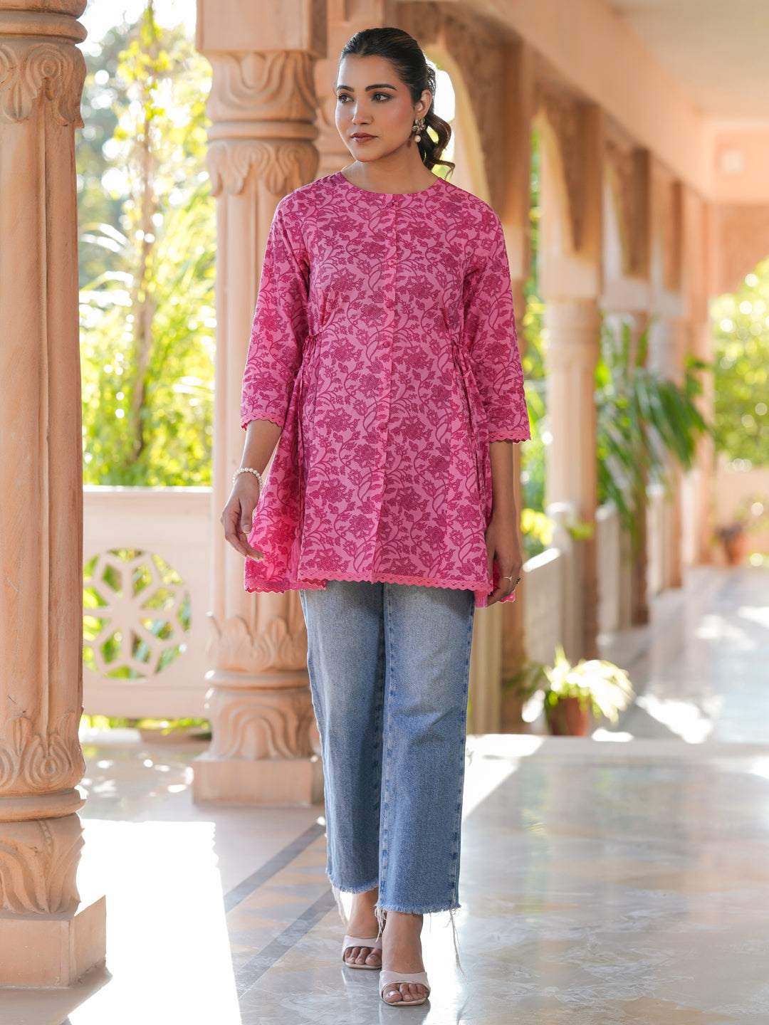 Janasya Dark Cotton Floral A-Line Tunic