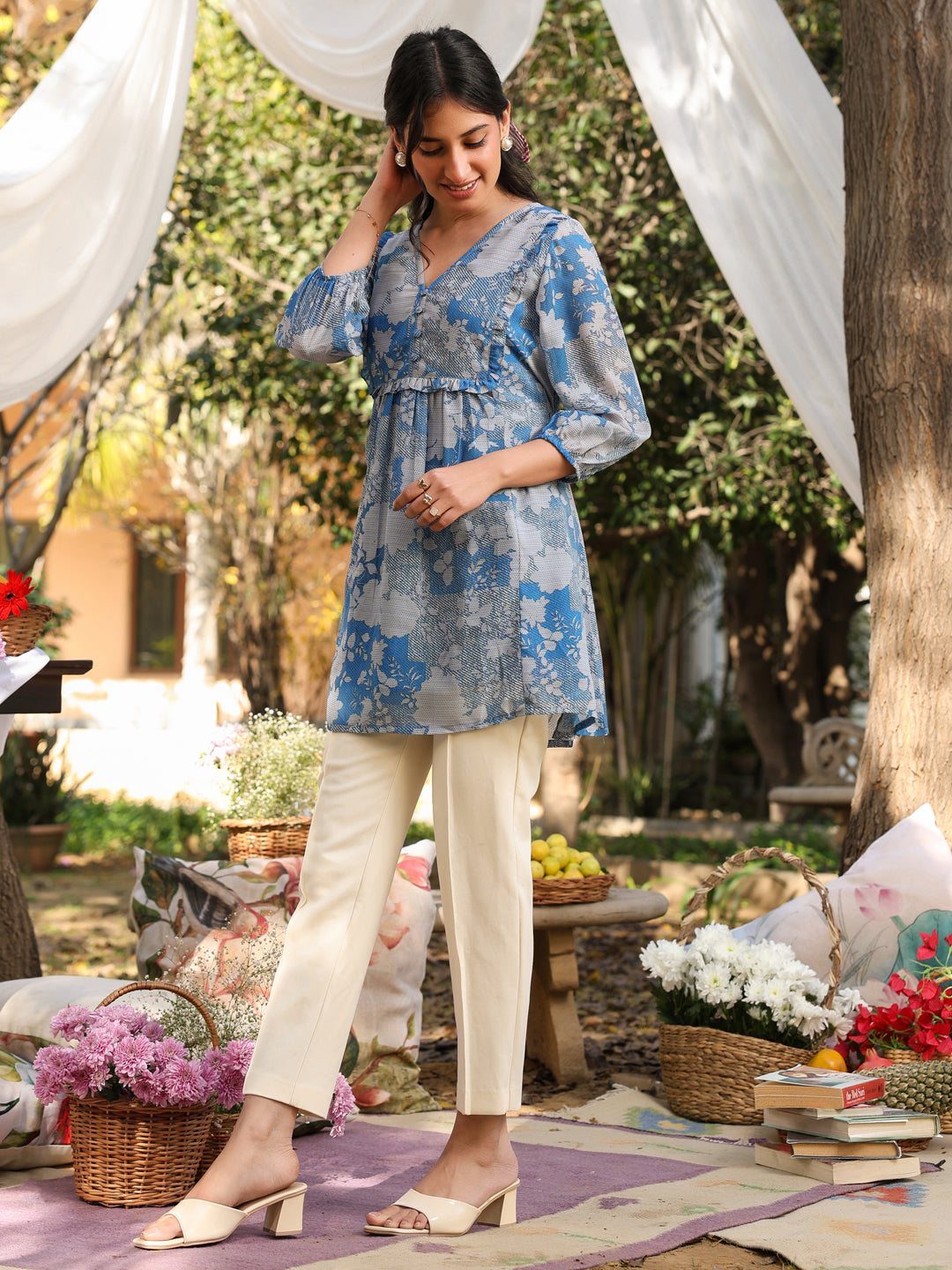 Janasya Bright Georgette Floral A-Line Tunic