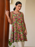 Thumbnail for Janasya Dark Cotton Floral A-Line Tunic