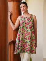 Thumbnail for Janasya Dark Cotton Floral A-Line Tunic
