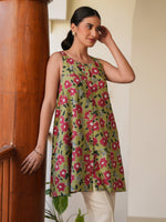 Thumbnail for Janasya Dark Cotton Floral A-Line Tunic