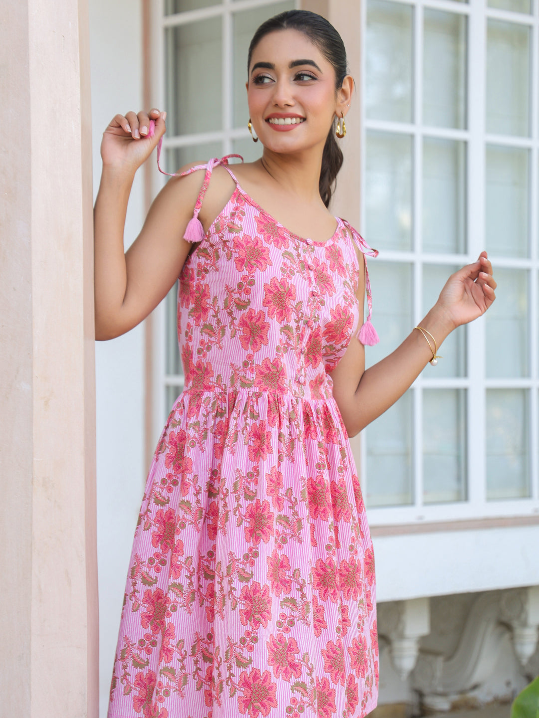 Janasya Bright Cotton Floral A-Line Tunic