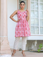 Thumbnail for Janasya Bright Cotton Floral A-Line Tunic