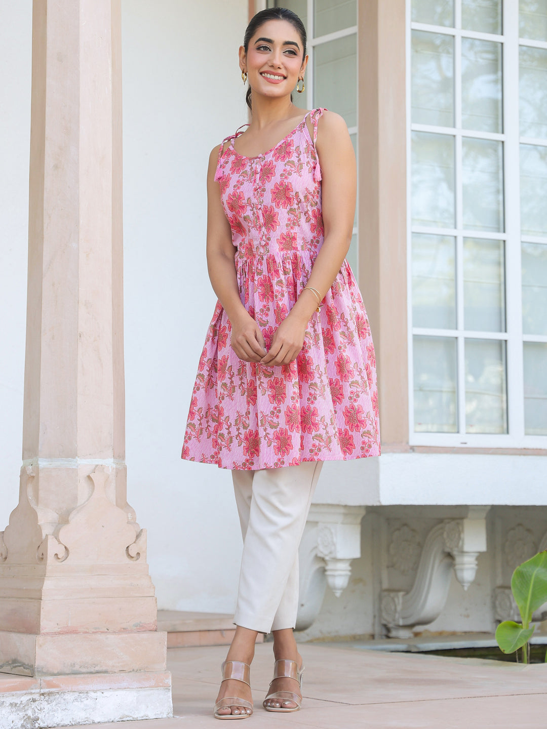 Janasya Bright Cotton Floral A-Line Tunic - Distacart