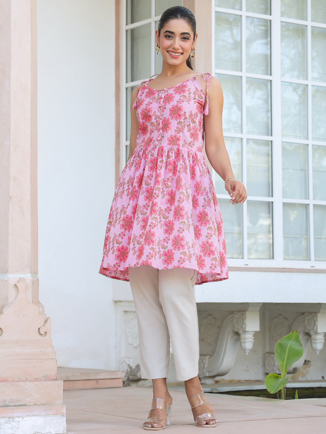 Janasya Bright Cotton Floral A-Line Tunic