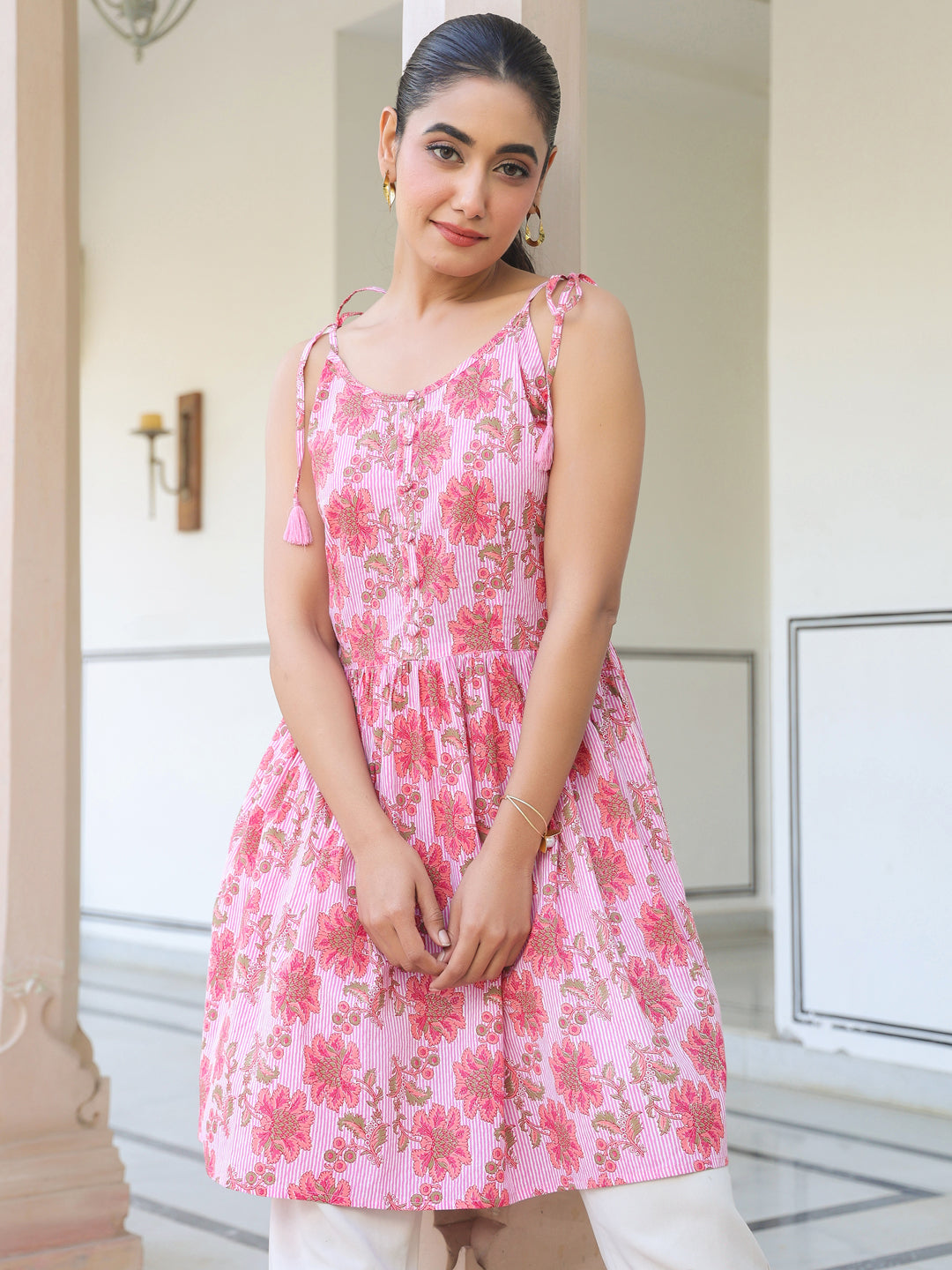 Janasya Bright Cotton Floral A-Line Tunic
