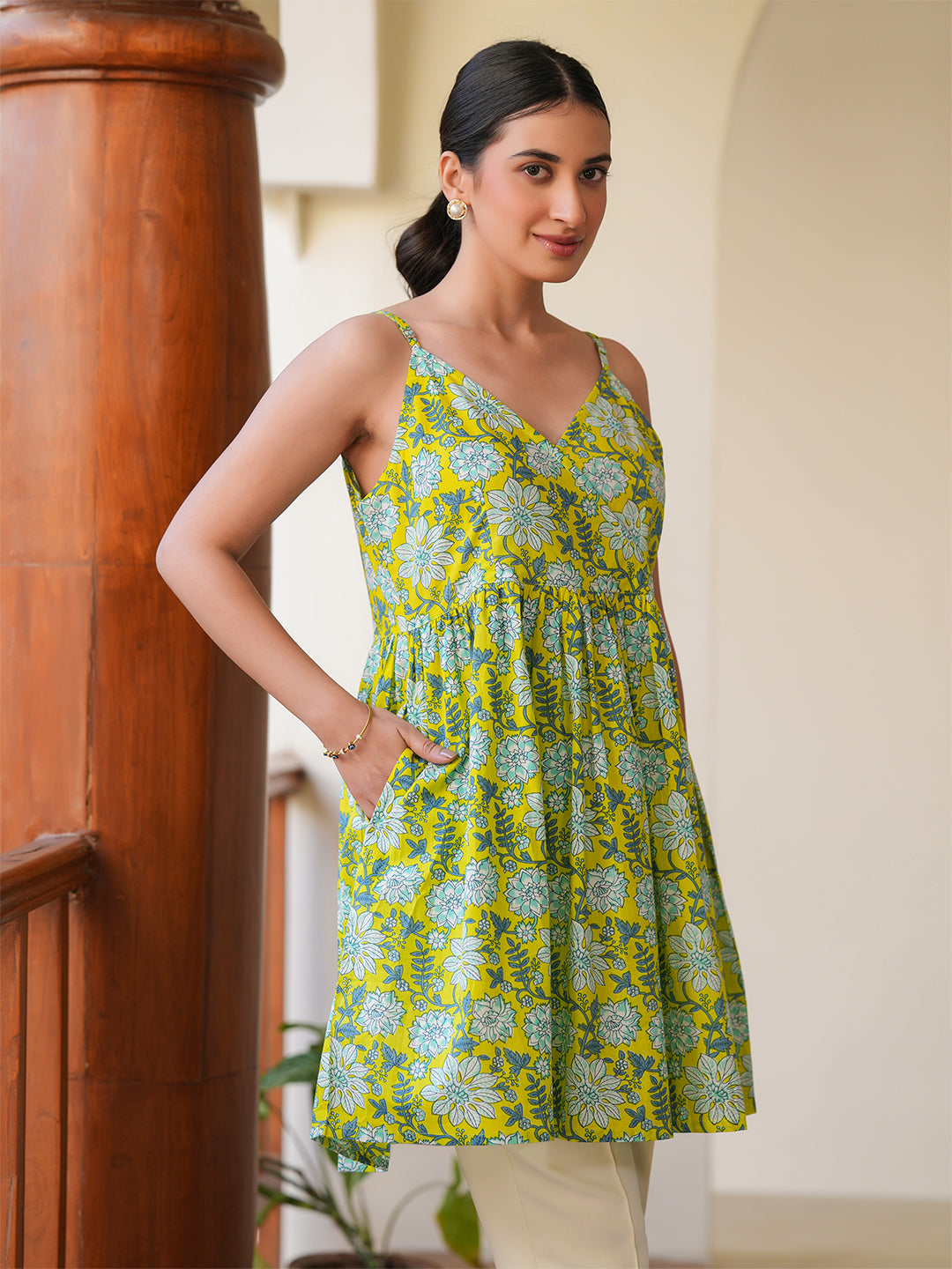 Janasya Bright Cotton Floral A-Line Tunic