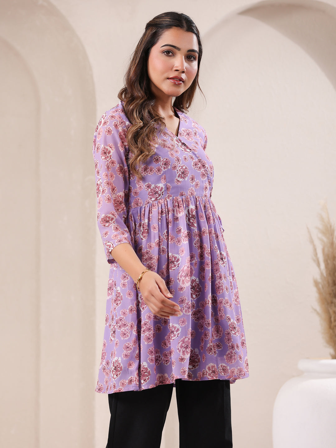 Janasya Bright Georgette Floral A-Line Tunic
