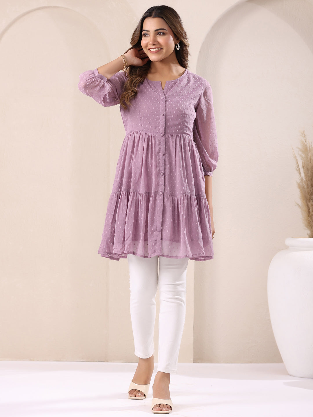 Janasya Dark Dobby Chiffon Self Design Tiered Tunic