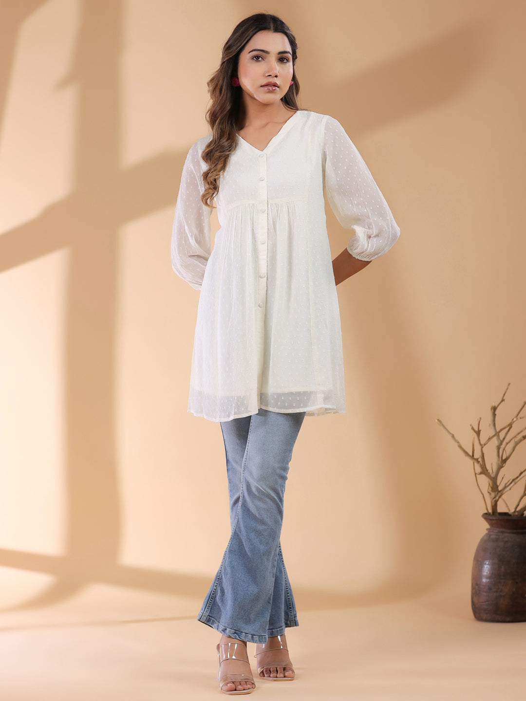 Janasya Light Dobby Chiffon Self Design A-Line Tunic