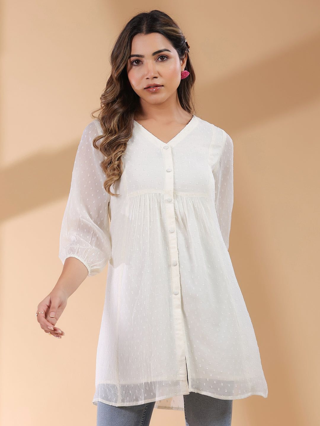 Janasya Light Dobby Chiffon Self Design A-Line Tunic