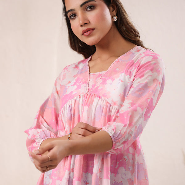 Janasya Dark Silk Blend Floral A-Line Tunic