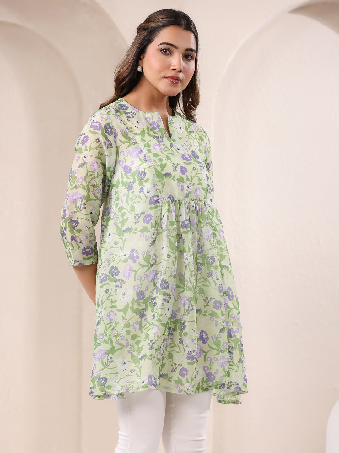 Janasya Light Silk Blend Floral A-Line Tunic