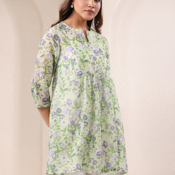 Janasya Light Silk Blend Floral A-Line Tunic
