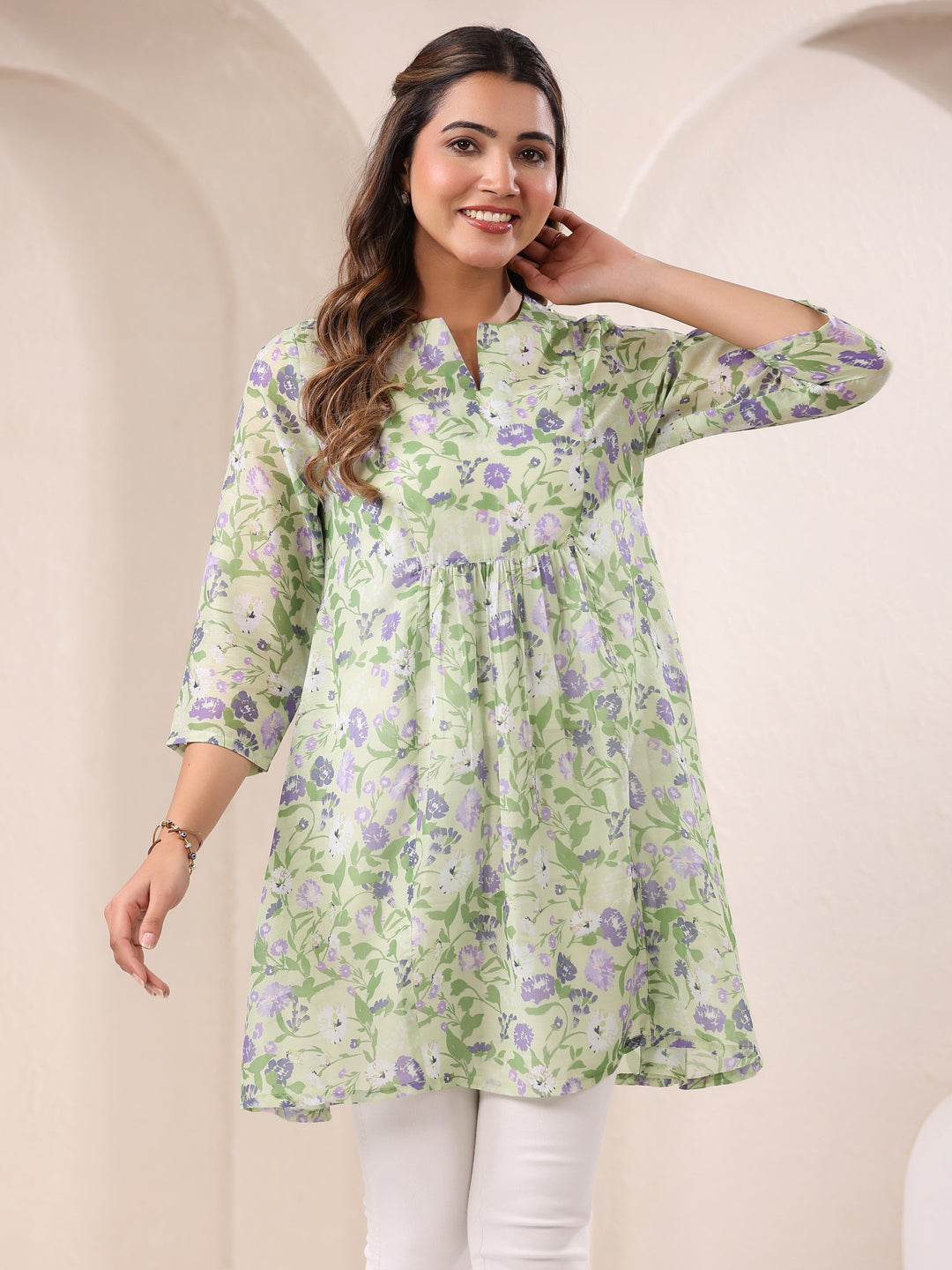 Janasya Light Silk Blend Floral A-Line Tunic