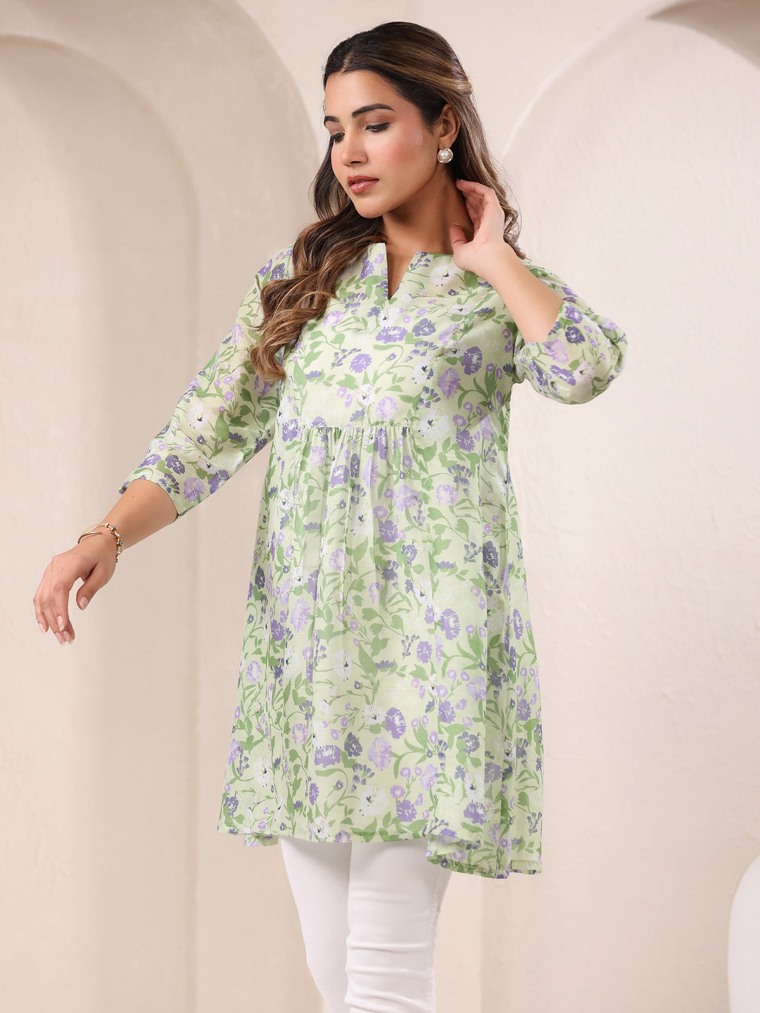 Janasya Light Silk Blend Floral A-Line Tunic