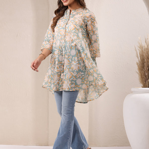 Janasya Light Silk Blend Floral A-Line Tunic