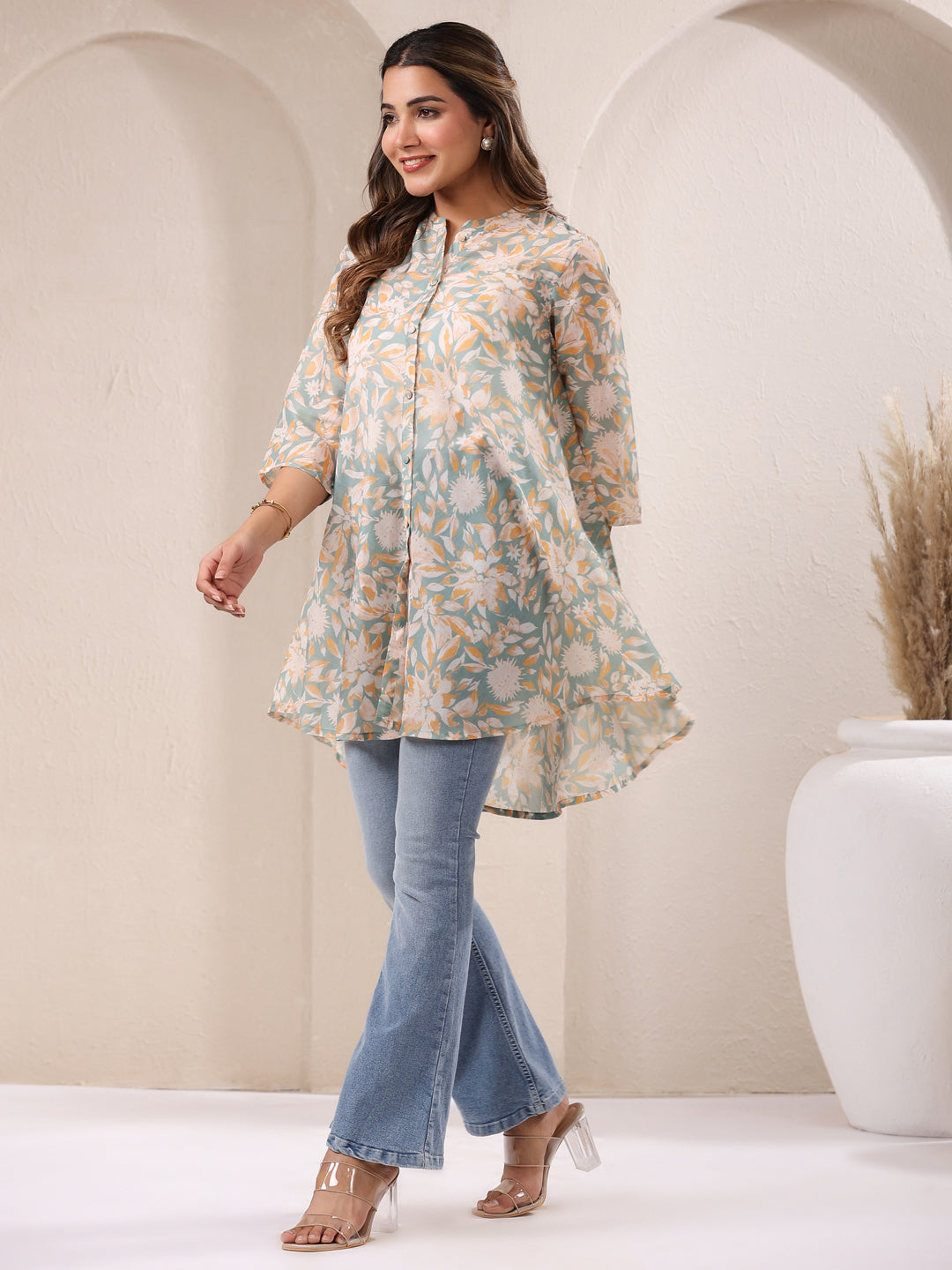 Janasya Light Silk Blend Floral A-Line Tunic - Distacart