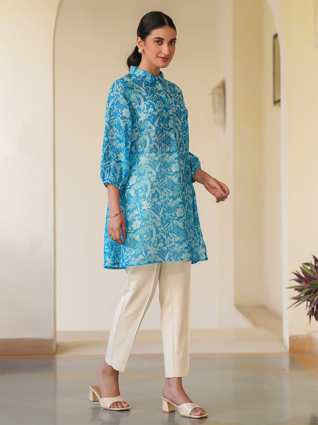 Janasya Bright Silk Blend Floral A-Line Tunic