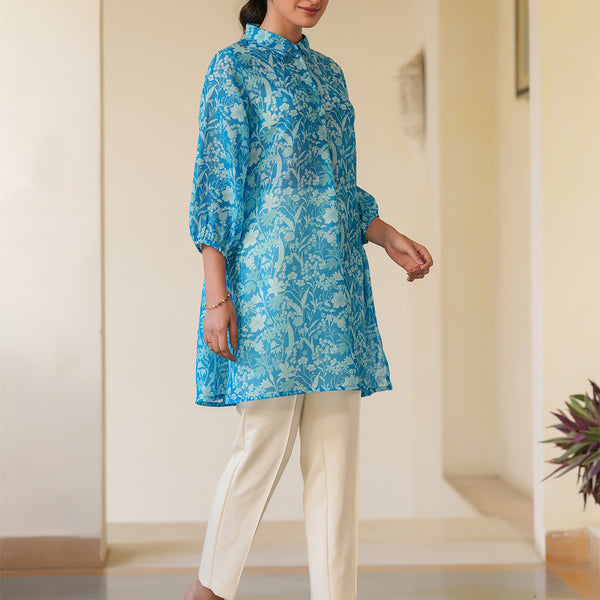 Janasya Bright Silk Blend Floral A-Line Tunic