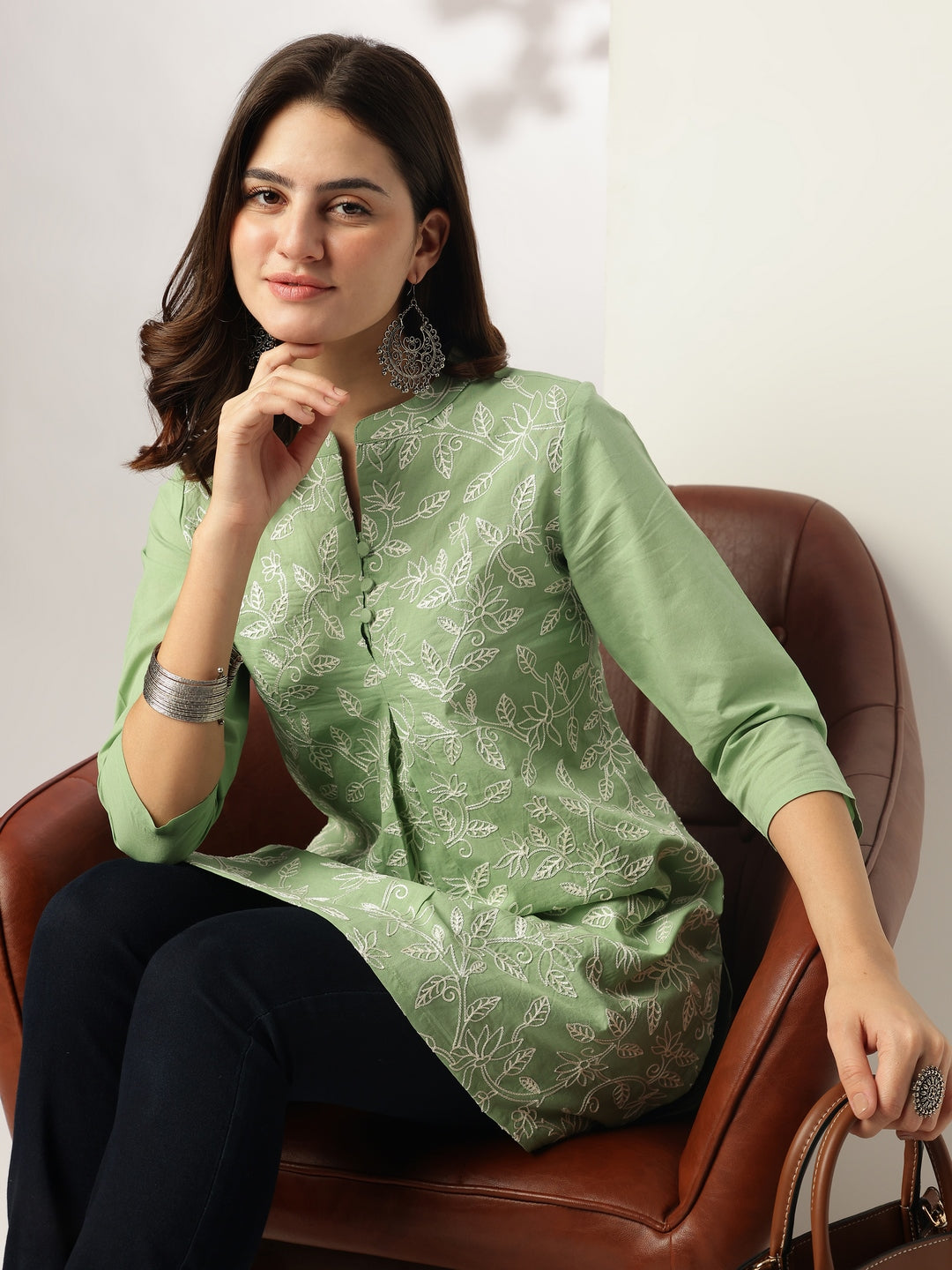 Janasya Light Cotton Embroidered A-Line Tunic