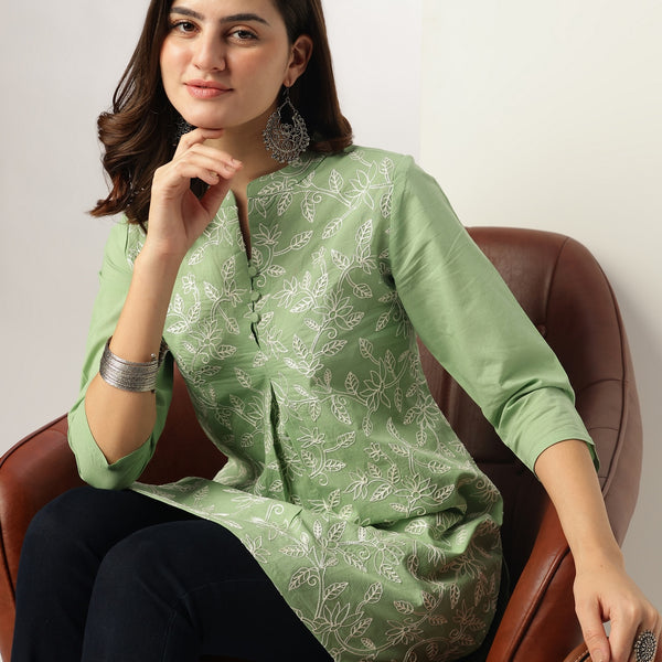 Janasya Light Cotton Embroidered A-Line Tunic