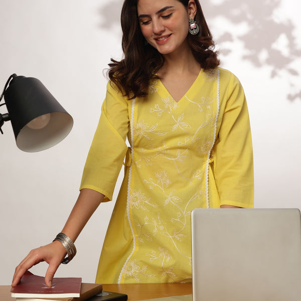Janasya Bright Cotton Embroidered A-Line Tunic