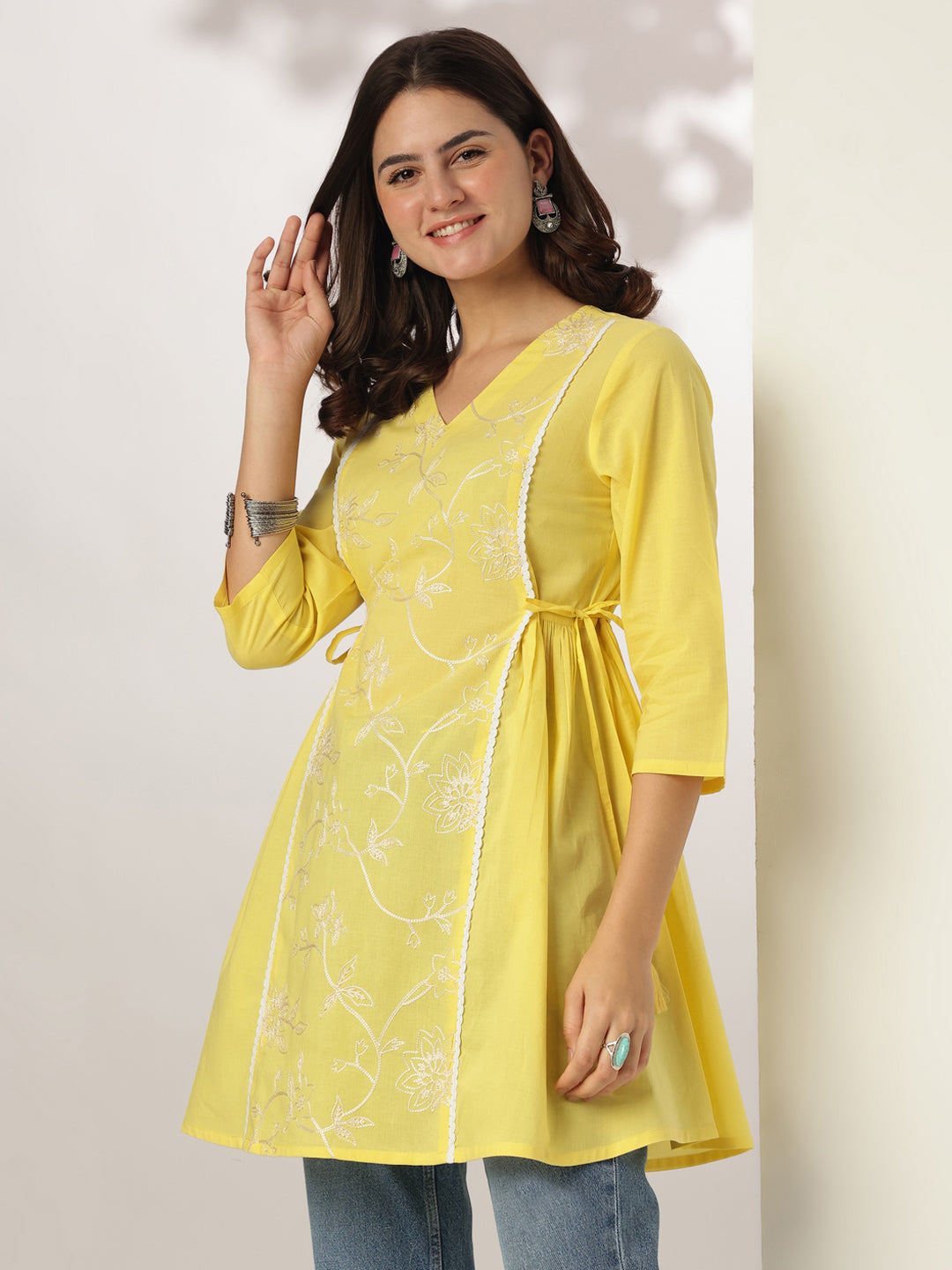 Janasya Bright Cotton Embroidered A-Line Tunic