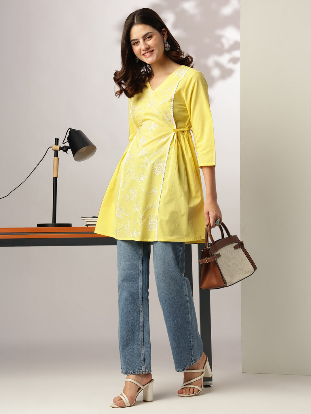Janasya Bright Cotton Embroidered A-Line Tunic - Distacart
