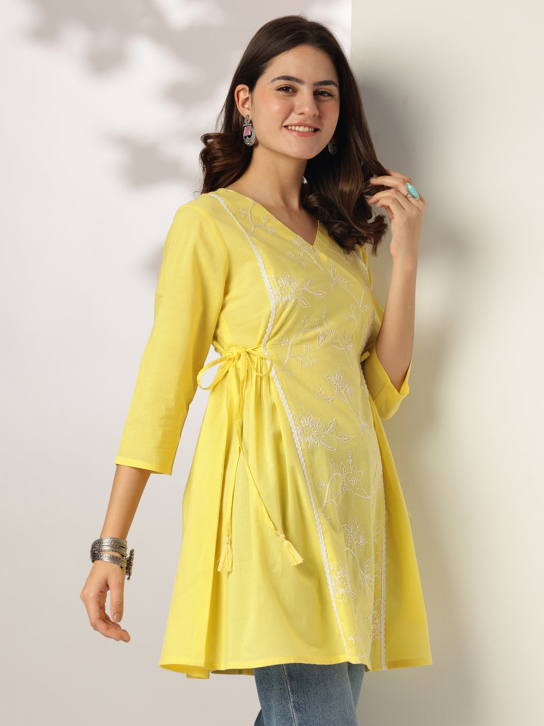 Janasya Bright Cotton Embroidered A-Line Tunic - Distacart