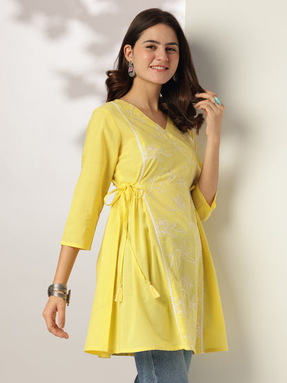 Janasya Bright Cotton Embroidered A-Line Tunic - Distacart