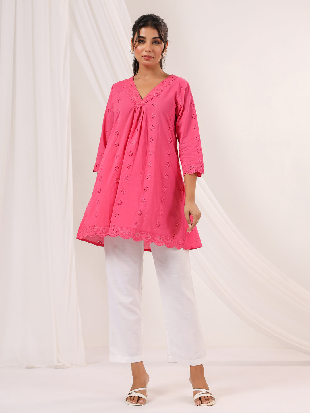 Janasya Bright Cotton Schiffli A-Line Tunic - Distacart