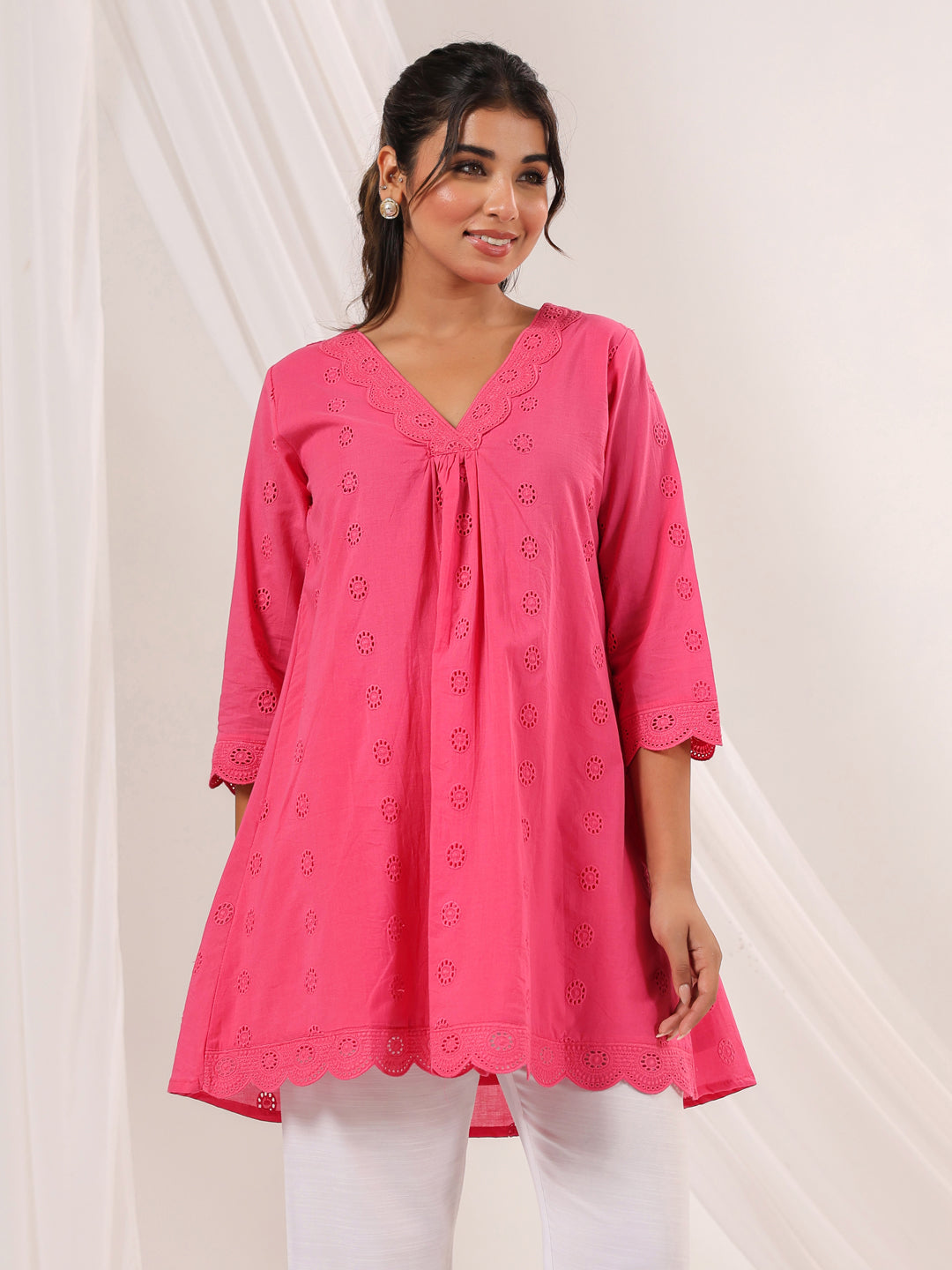 Janasya Bright Cotton Schiffli A-Line Tunic