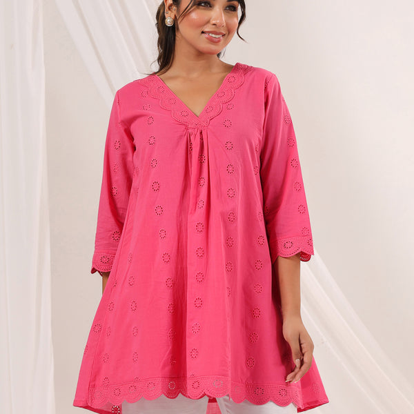 Janasya Bright Cotton Schiffli A-Line Tunic