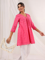 Thumbnail for Janasya Bright Cotton Schiffli A-Line Tunic