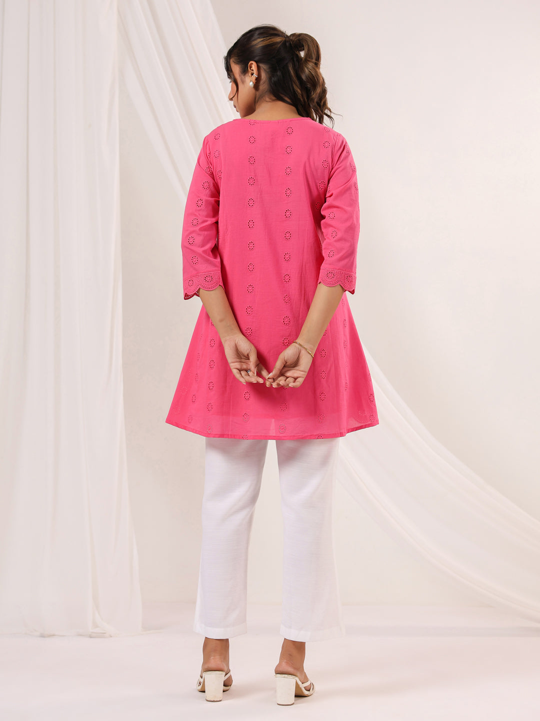 Janasya Bright Cotton Schiffli A-Line Tunic