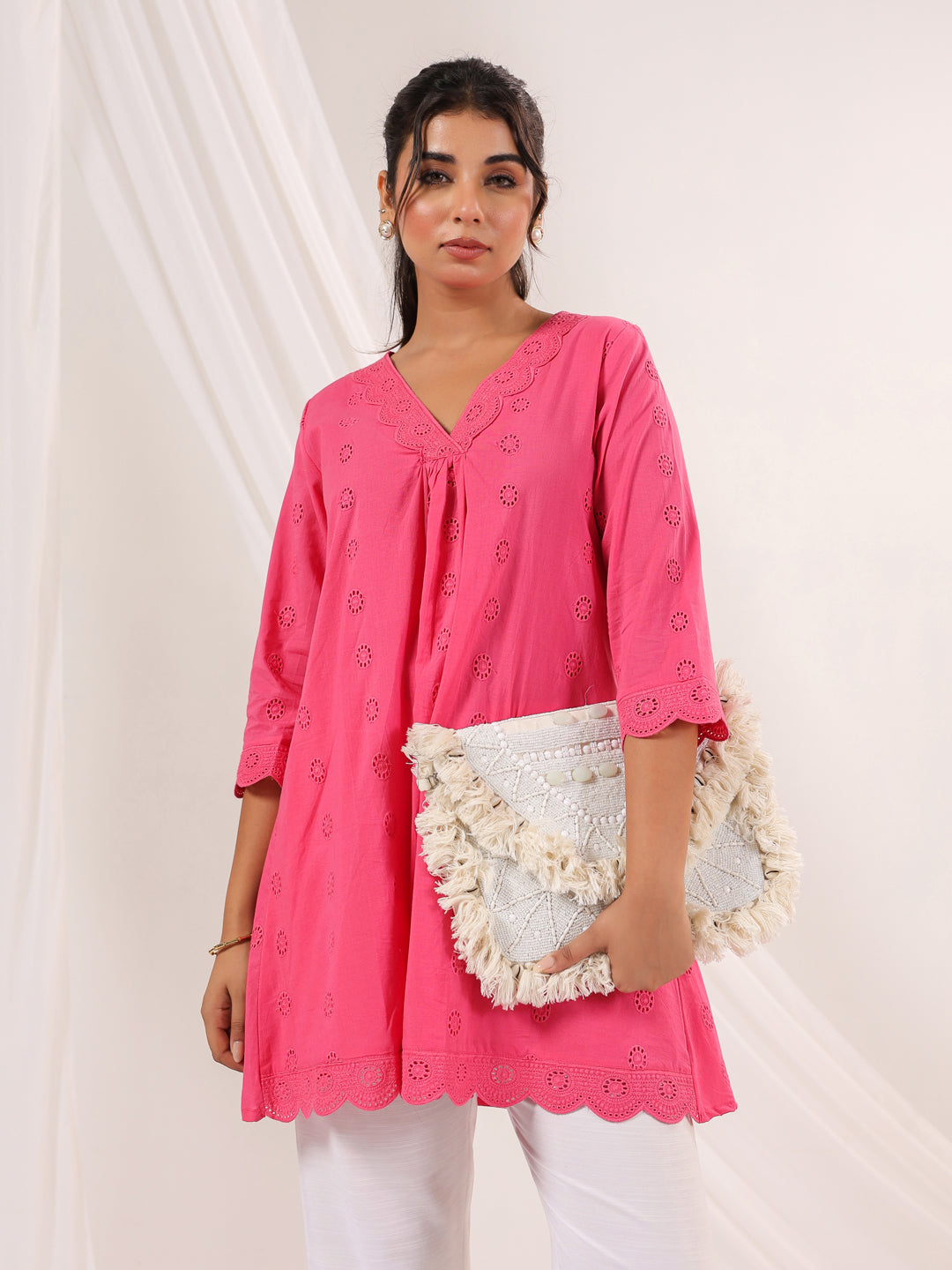 Janasya Bright Cotton Schiffli A-Line Tunic